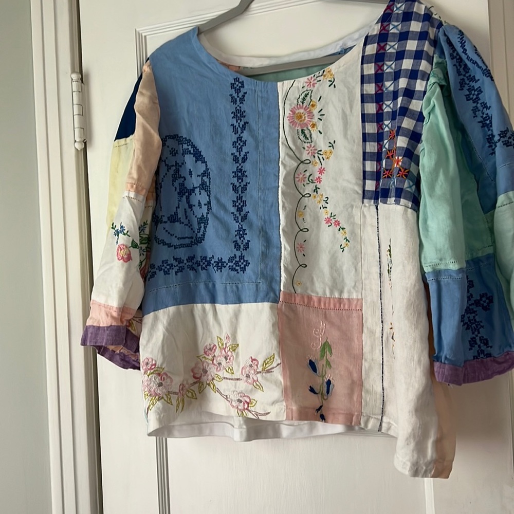 Upcycled vintage fabric and needlework blouse